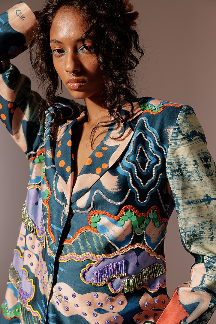 Multi-Colored Satin Twill Digital Printed & Embroidered Blazer Set by Advait at Pernia's Pop Up Shop
