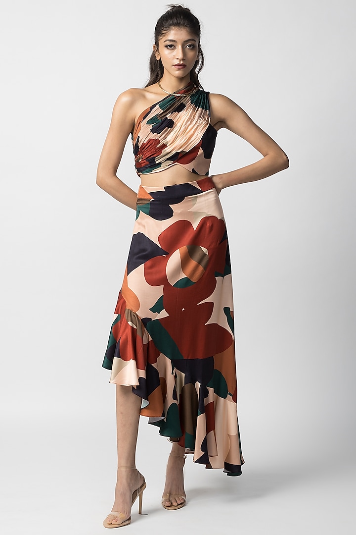 Multi-Colored Satin Twill Asymmetric Ruffled Skirt Set by Advait