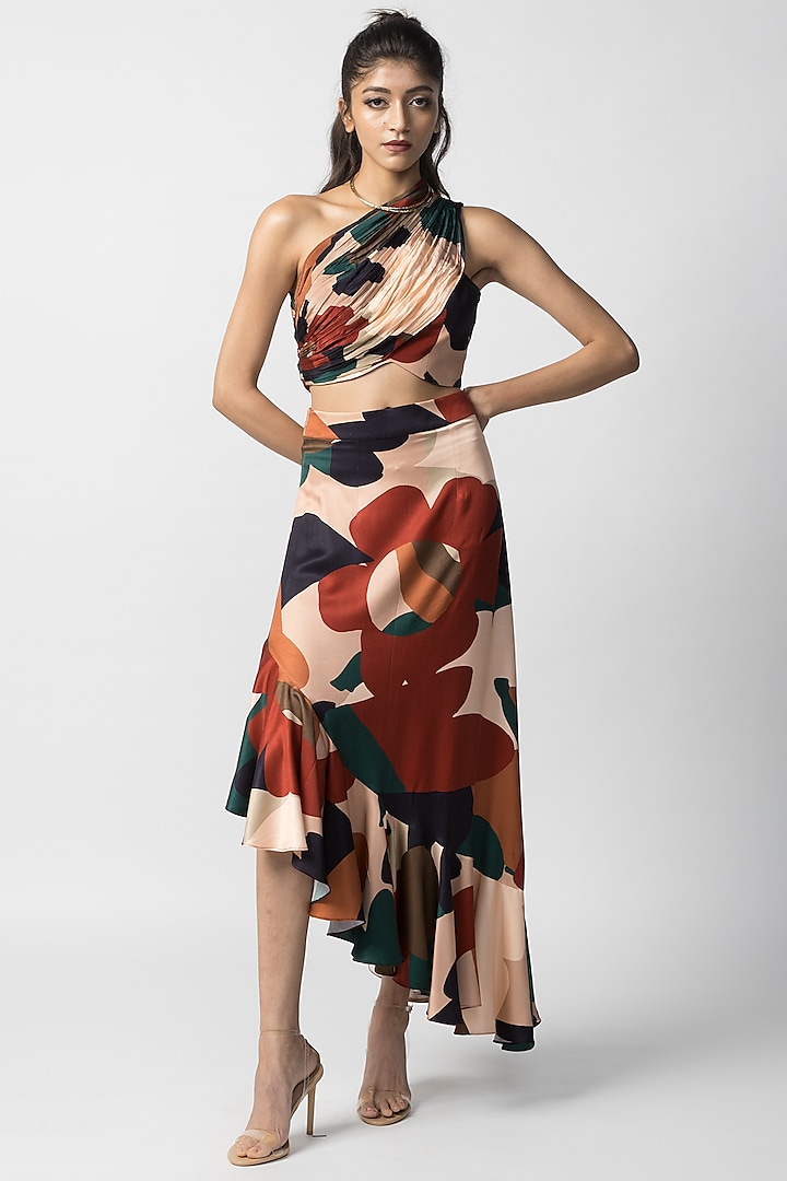 Multi-Colored Satin Twill Asymmetric Ruffled Skirt Set by Advait at Pernia's Pop Up Shop