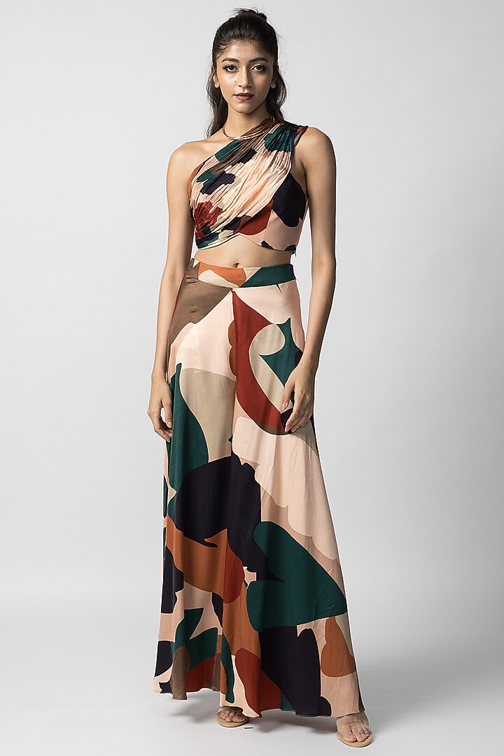 Multi-Colored Satin Twill Asymmetric Ruffled Skirt Set by Advait at Pernia's Pop Up Shop