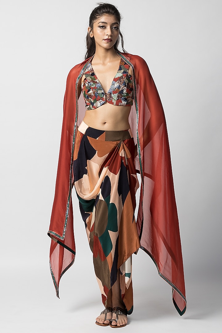 Multi-Colored Crepe Draped Skirt Set by Advait