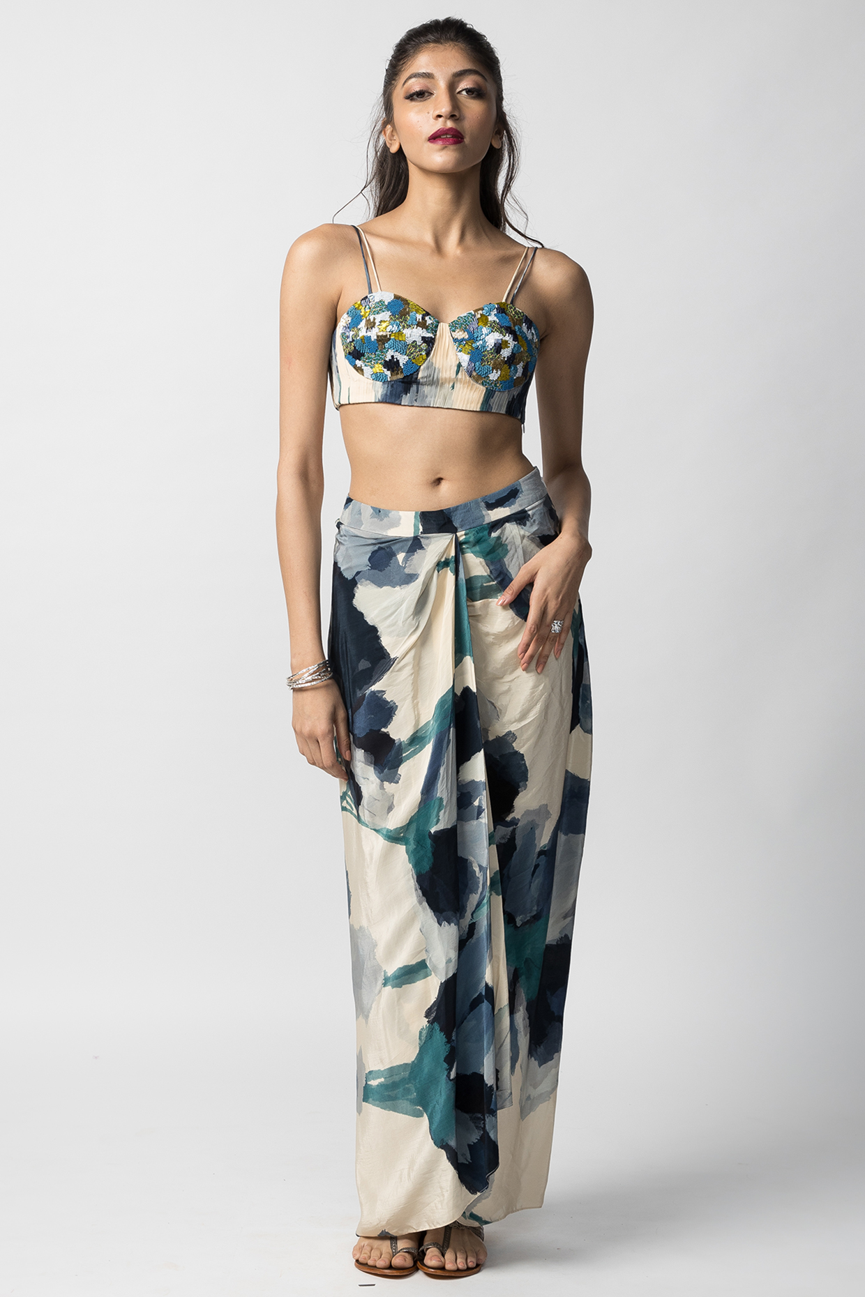 Multi-Colored Crepe Draped Skirt Set by Advait