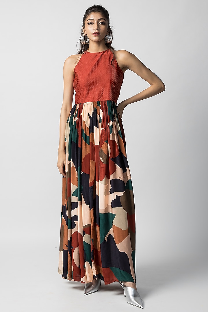 Multi-Colored Satin & Crepe Maxi Dress by Advait