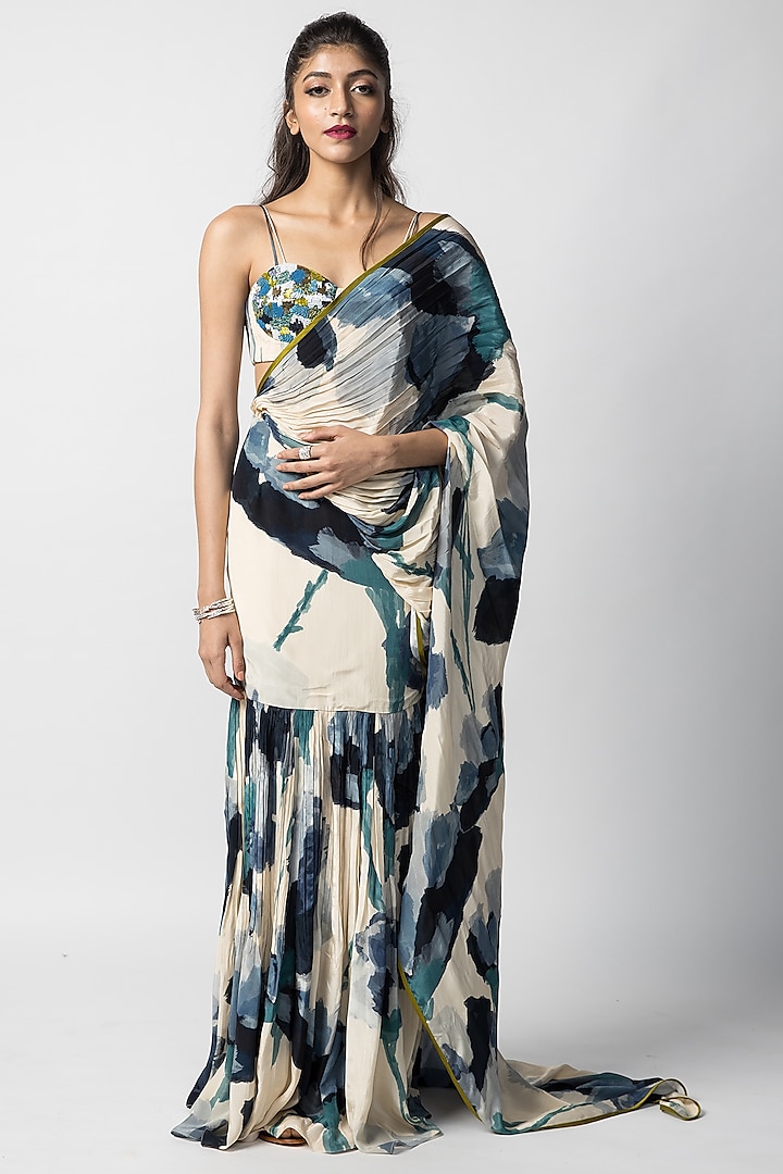 Multi-Colored Crepe Draped Saree Set by Advait