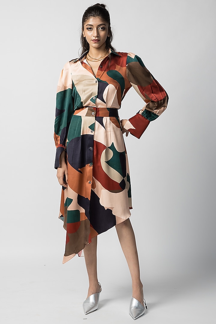 Multi-Colored Satin Asymmetrical Shirt Dress by Advait