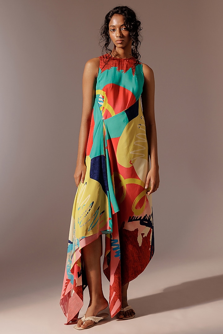 Multi-Colored Crepe Handkerchief Style Asymmetrical Dress by Advait at Pernia's Pop Up Shop