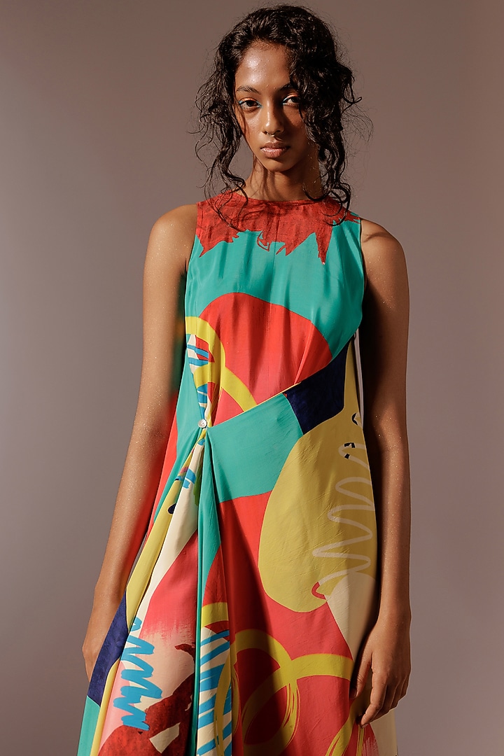 Multi-Colored Crepe Handkerchief Style Asymmetrical Summer Dress by Advait at Pernia's Pop Up Shop