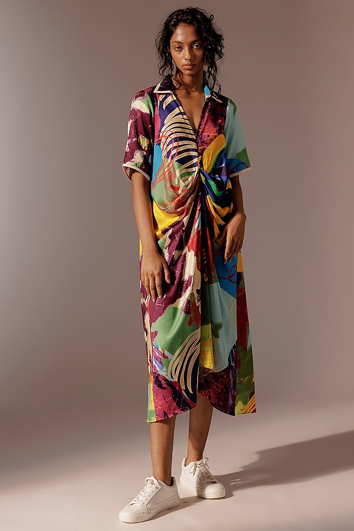 Multi-Colored Bemberg Satin Twill Midi Shirt Dress by Advait at Pernia's Pop Up Shop