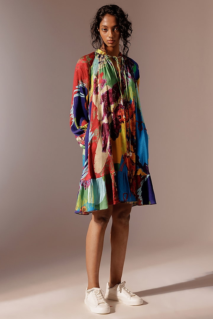 Multi-Colored Crinkled Heavy Chiffon Gathered Knee-Length Dress by Advait at Pernia's Pop Up Shop