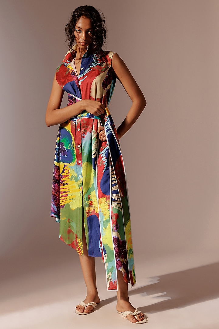 Multi-Colored Bemberg Satin Twill Asymmetrical Shirt Dress by Advait at Pernia's Pop Up Shop