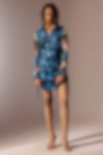 Blue Bemberg Satin Twill Printed Mini Dress by Advait at Pernia's Pop Up Shop