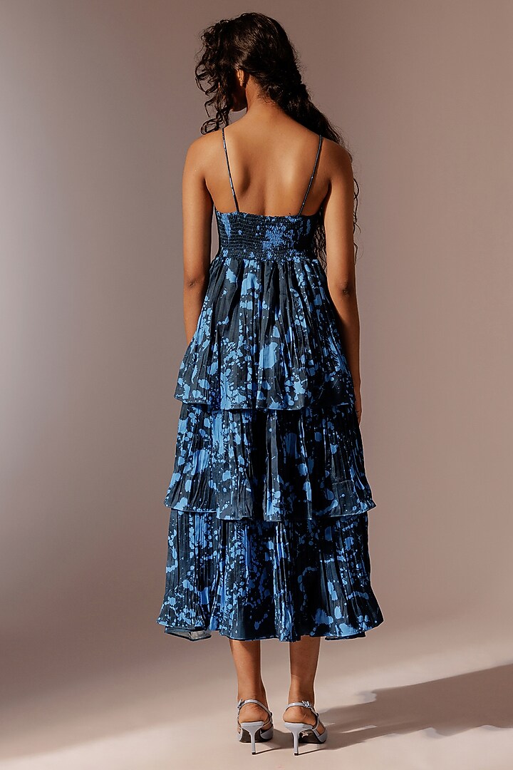 Blue Bemberg Satin Twill Midi Tiered Summer Dress by Advait at Pernia's Pop Up Shop