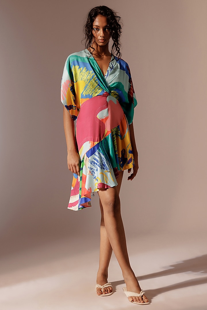 Multi-Colored Bemberg Satin Twill Ruffled Asymmetrical Dress by Advait at Pernia's Pop Up Shop