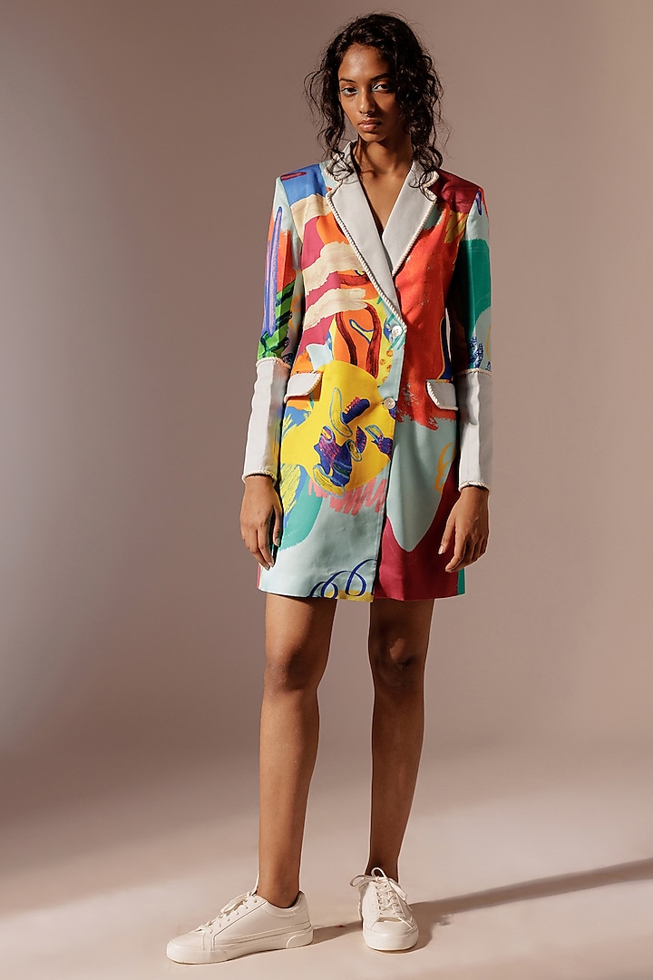 Multi-Colored Bemberg Satin Twill Mini Blazer Dress by Advait at Pernia's Pop Up Shop