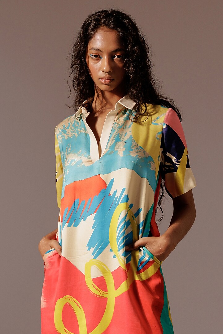 Multi-Colored Bemberg Satin Twill Mini Shift Summer Dress by Advait at Pernia's Pop Up Shop