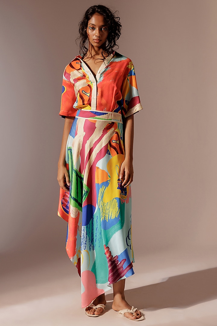 Multi-Colored Bemberg Satin Twill Maxi Shirt Dress by Advait at Pernia's Pop Up Shop