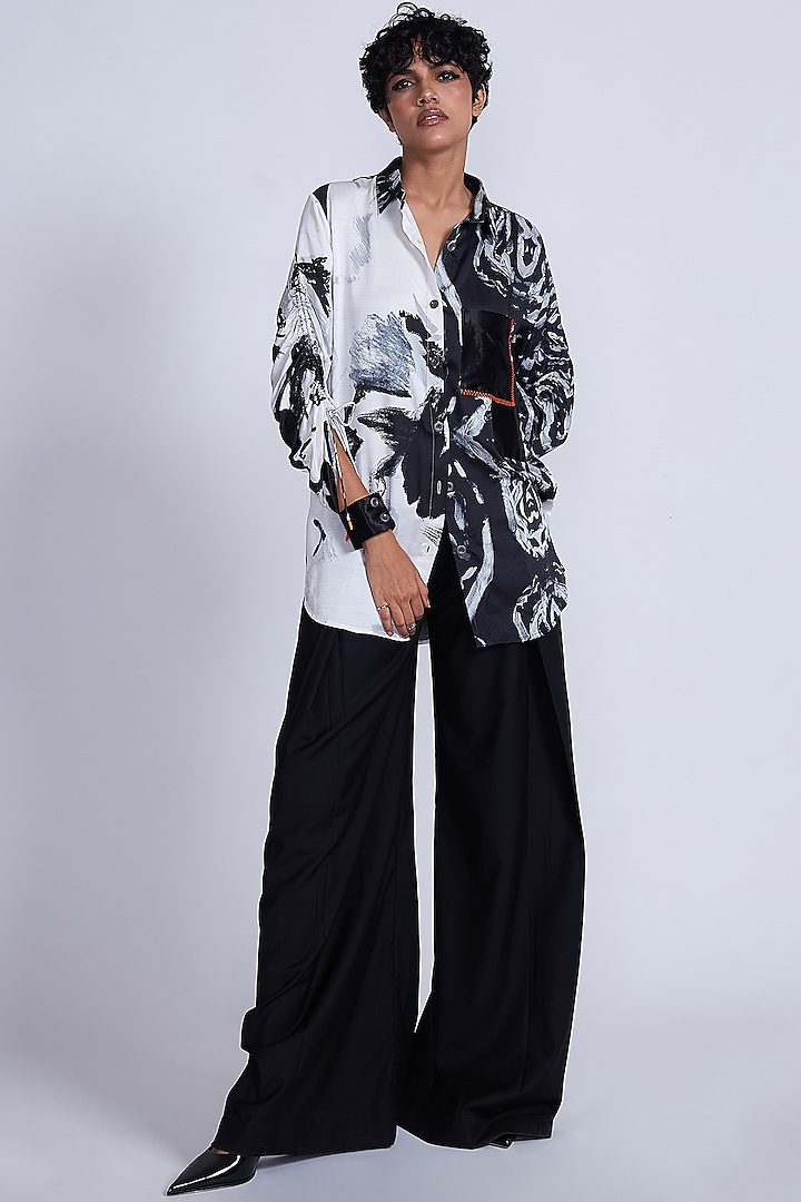 Black Bemberg Satin Suiting Wide-Leg Trouser Set by Advait at Pernia's Pop Up Shop