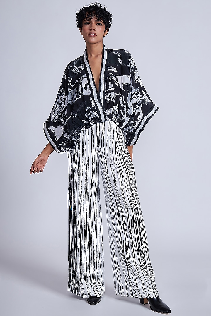 Black & White Crepe Satin Twill Printed Co-Ord Set by Advait