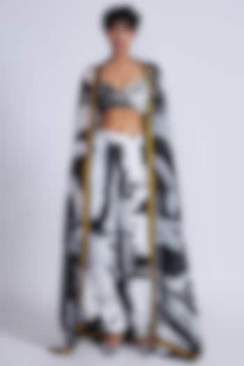 Black & White Satin Twill Organza Printed Cape Set by Advait at Pernia's Pop Up Shop