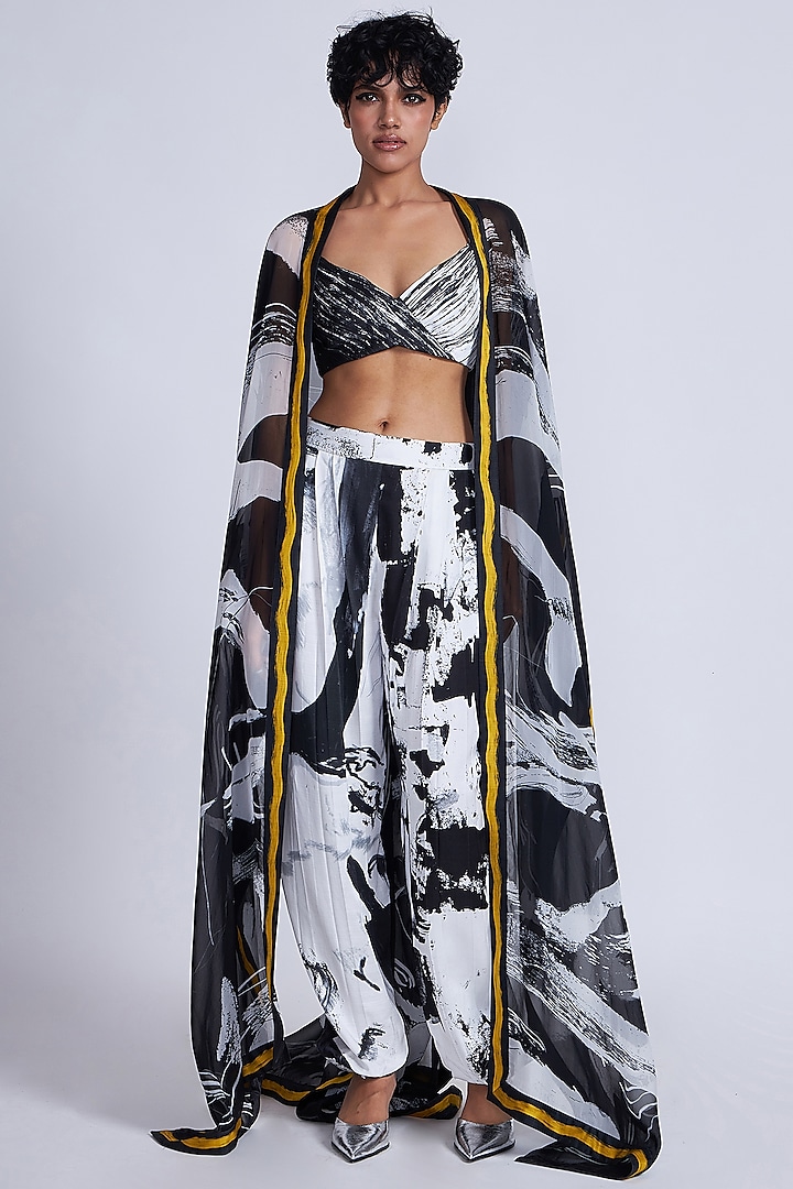 Black & White Satin Twill Organza Printed Cape Set by Advait at Pernia's Pop Up Shop