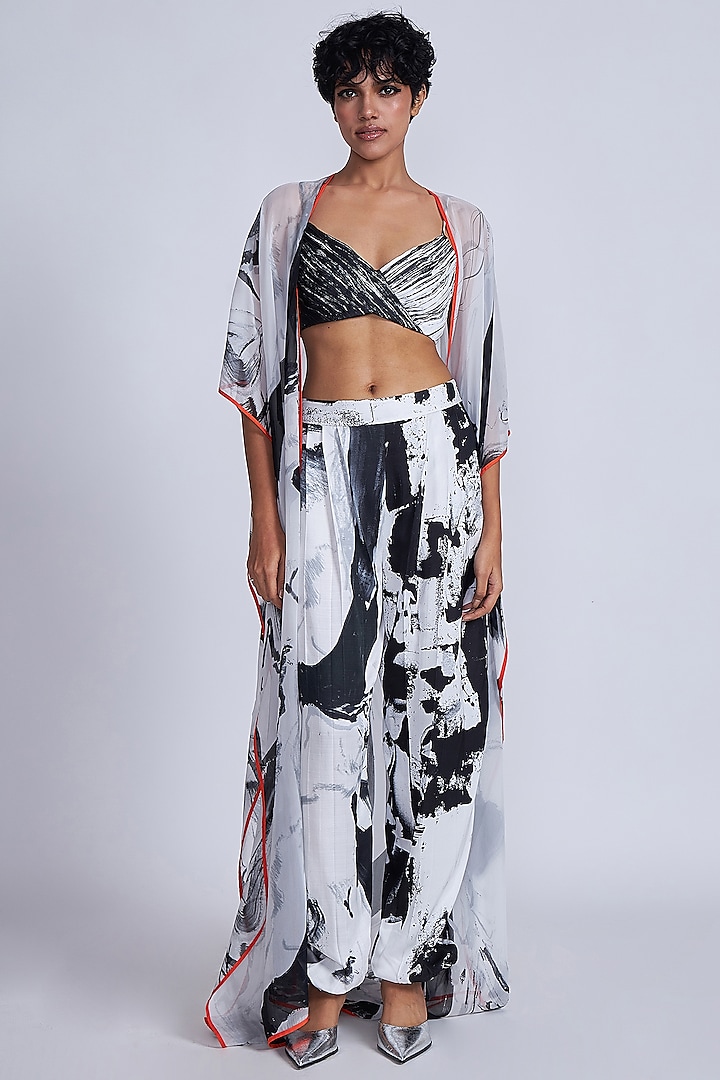 Black & White Satin Twill Organza Printed Cape Set by Advait at Pernia's Pop Up Shop