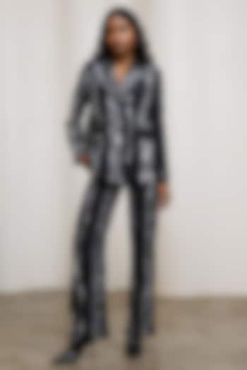 Midnight Blue Chiffon Lurex Printed Blazer Set by Advait at Pernia's Pop Up Shop