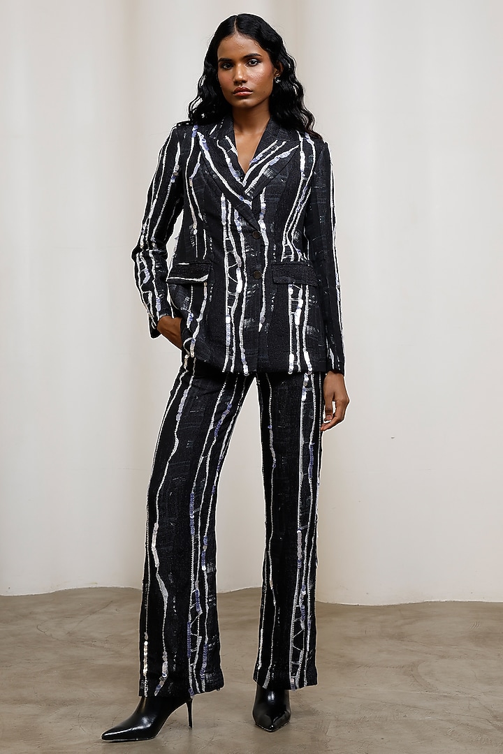 Midnight Blue Chiffon Lurex Printed Blazer Set by Advait at Pernia's Pop Up Shop