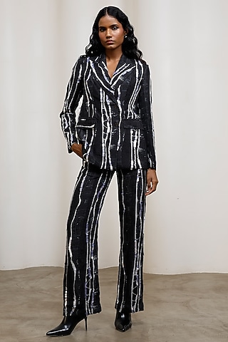 Midnight Blue Chiffon Lurex Printed Blazer Set by Advait