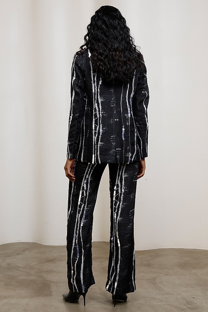 Midnight Blue Chiffon Lurex Printed Blazer Set by Advait at Pernia's Pop Up Shop