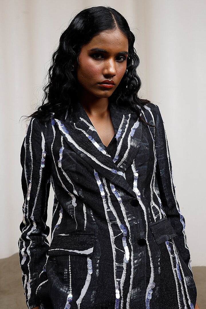 Midnight Blue Chiffon Lurex Printed Blazer Set by Advait at Pernia's Pop Up Shop