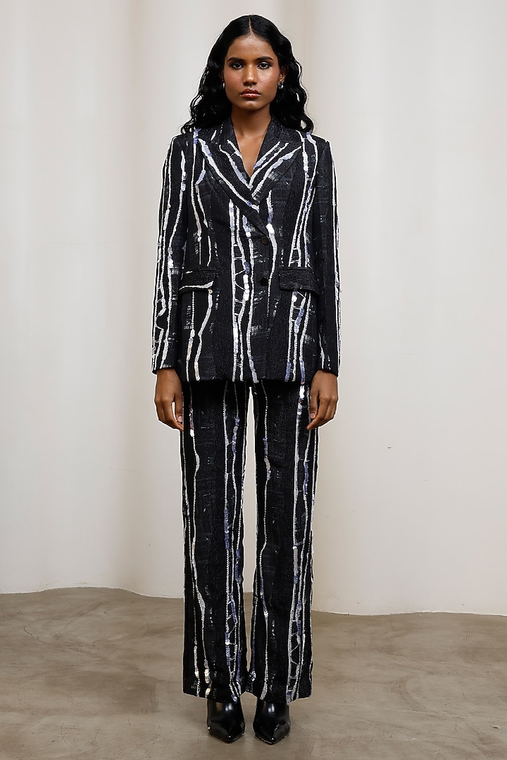 Midnight Blue Chiffon Lurex Printed Blazer Set by Advait at Pernia's Pop Up Shop