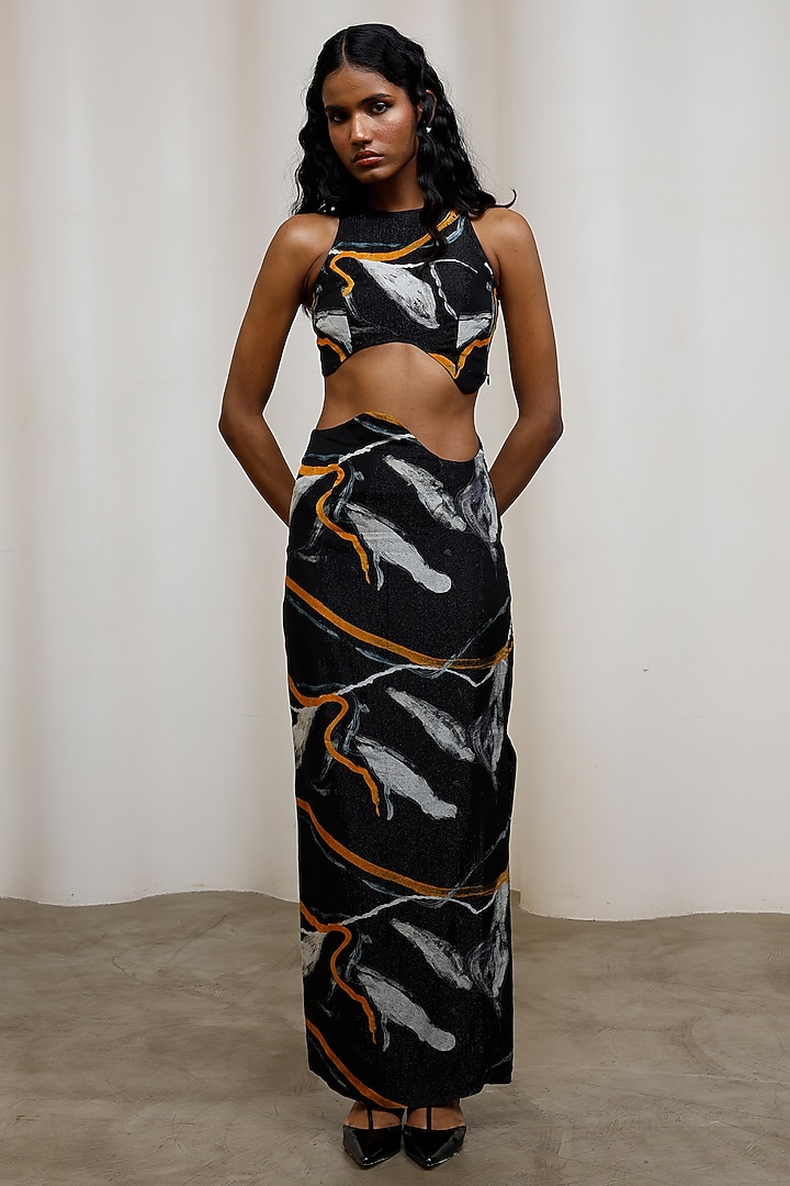 Midnight Blue Chiffon Lurex Abstract Printed Skirt Set by Advait at Pernia's Pop Up Shop