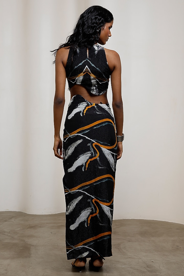 Midnight Blue Chiffon Lurex Abstract Printed Skirt Set by Advait at Pernia's Pop Up Shop