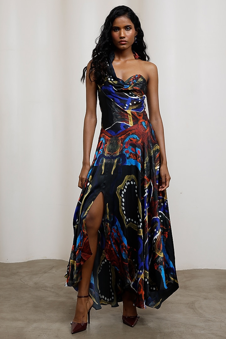 Multi-Colored Georgette Satin Maxi Vacation Dress by Advait at Pernia's Pop Up Shop