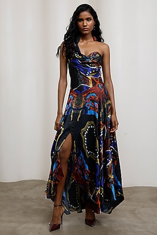 Multi-Colored Georgette Satin Maxi Dress by Advait