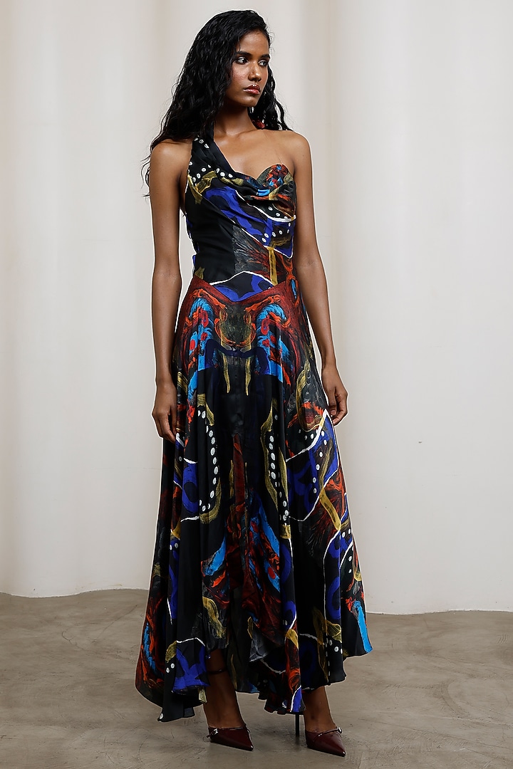 Multi-Colored Georgette Satin Maxi Vacation Dress by Advait at Pernia's Pop Up Shop