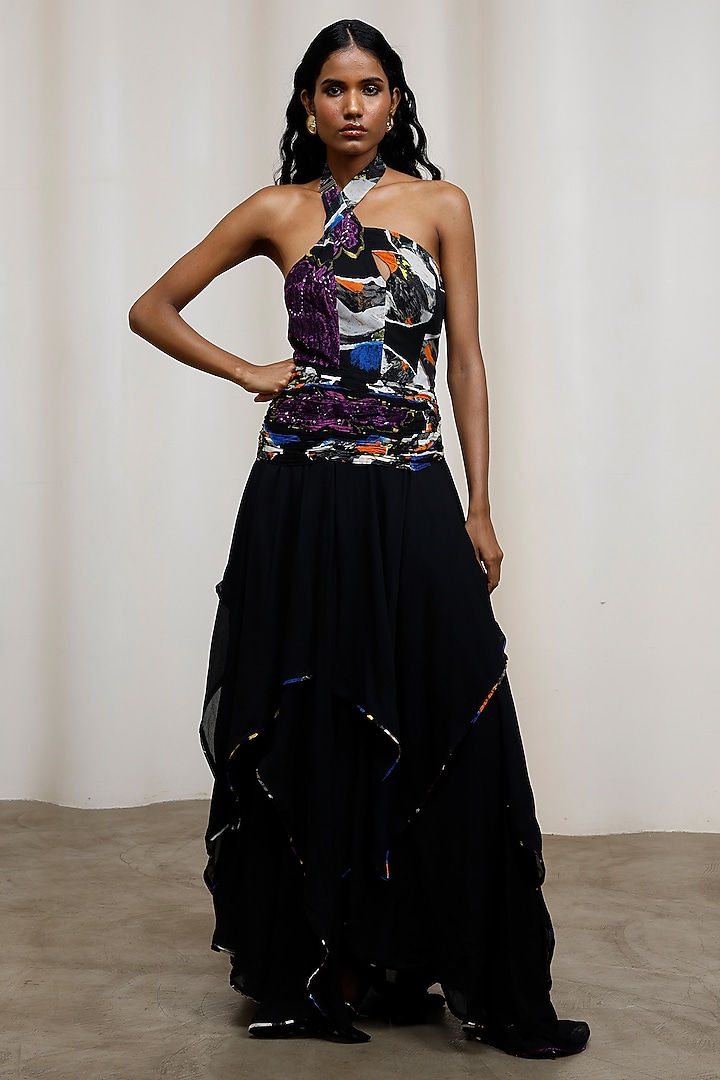 Black Crinkle Chiffon Halter Maxi Vacation Dress by Advait at Pernia's Pop Up Shop