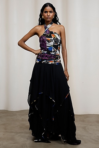 Black Crinkle Chiffon Halter Maxi Dress by Advait