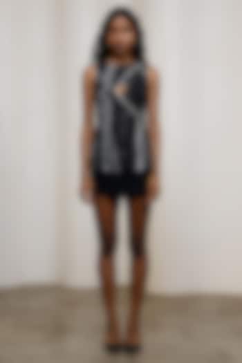 Black Georgette Satin Ruched Mini Skirt Set by Advait at Pernia's Pop Up Shop