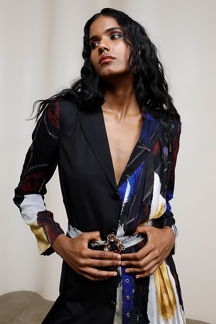 Black Crinkle Chiffon Asymmetric Paneled Blazer Vacation Dress by Advait at Pernia's Pop Up Shop