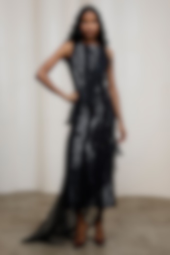 Black Chiffon Lurex Abstract Printed Sleeveless Tiered Vacation Dress by Advait at Pernia's Pop Up Shop