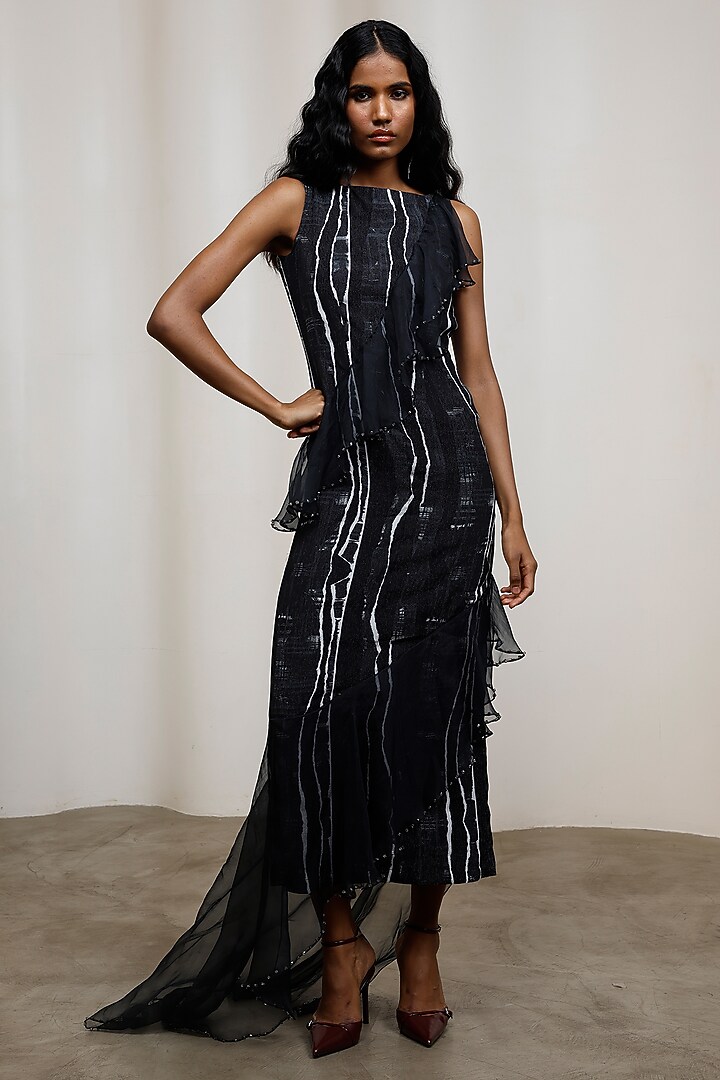 Black Chiffon Lurex Abstract Printed Sleeveless Tiered Vacation Dress by Advait at Pernia's Pop Up Shop