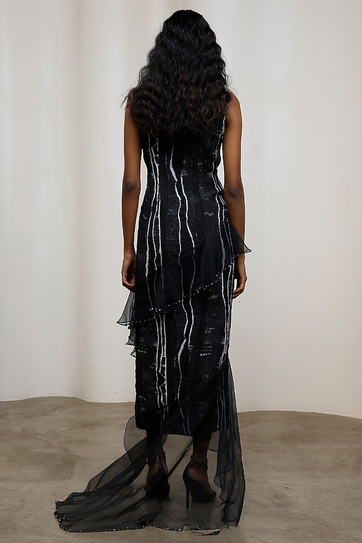 Black Chiffon Lurex Abstract Printed Sleeveless Tiered Vacation Dress by Advait at Pernia's Pop Up Shop