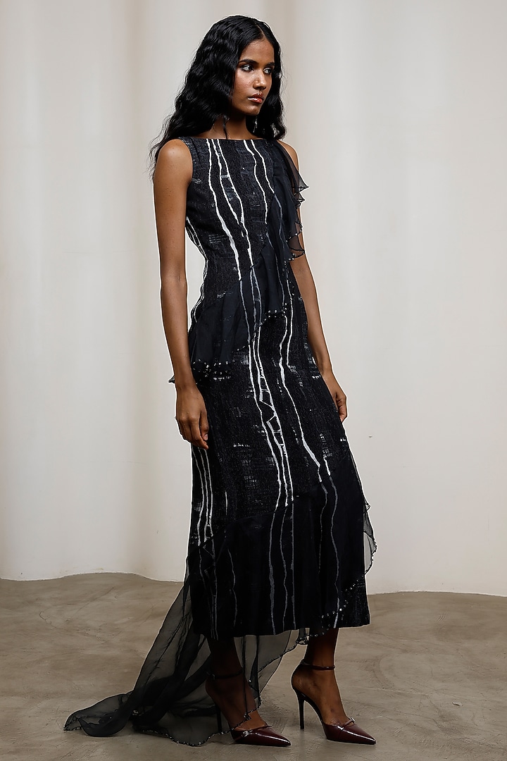 Black Chiffon Lurex Abstract Printed Sleeveless Tiered Vacation Dress by Advait at Pernia's Pop Up Shop
