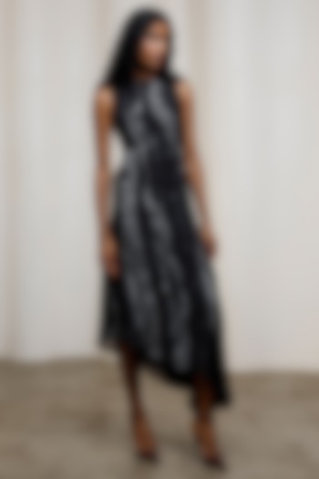 Black Chiffon Lurex Asymmetric Midi Vacation Dress by Advait at Pernia's Pop Up Shop