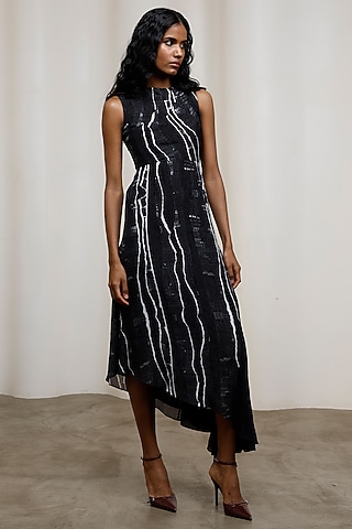 Black Chiffon Lurex Asymmetric Midi Dress by Advait