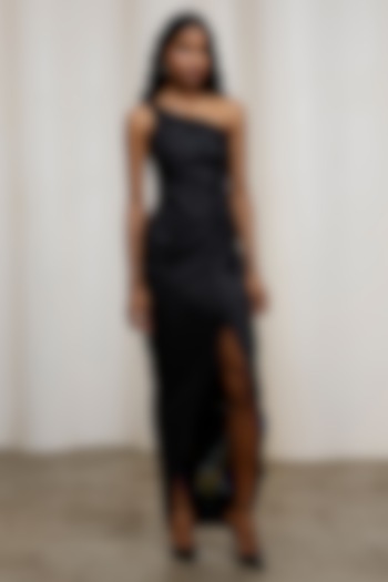 Black Lame Ruched One-Shoulder Vacation Dress by Advait at Pernia's Pop Up Shop