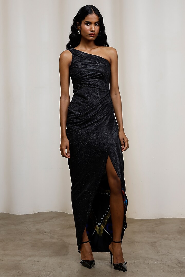 Black Lame Ruched One-Shoulder Vacation Dress by Advait at Pernia's Pop Up Shop