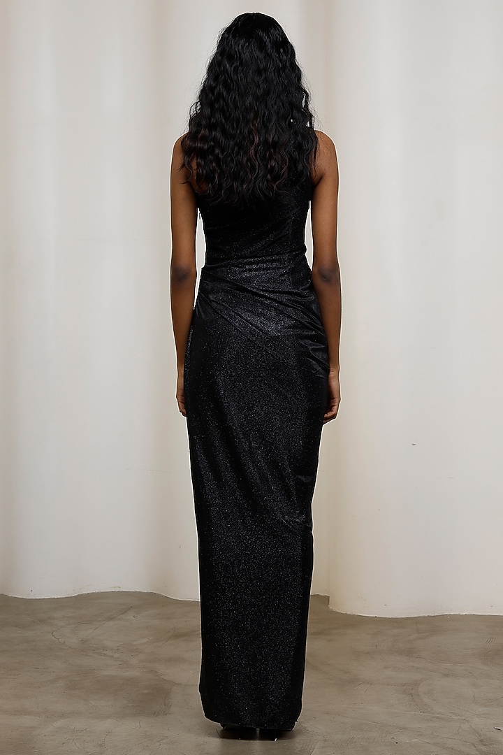 Black Lame Ruched One-Shoulder Vacation Dress by Advait at Pernia's Pop Up Shop