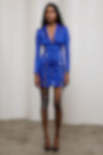 Cobalt Blue Georgette Satin Printed Blazer Vacation Dress by Advait at Pernia's Pop Up Shop